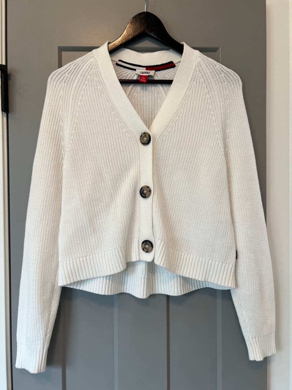 Tommy Hilfiger Ivory Button-Front Cropped Knit Cardigan
